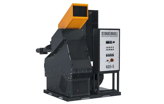 黒とオレンジを基調にしたSTOKKERMILL製の小型リサイクル機械K85-S