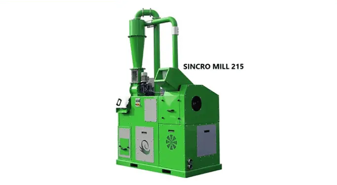 緑色の「SINCRO MILL 215」と表示された小型粉砕・分離機