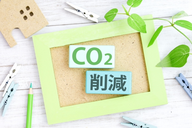 「CO2削減」と書かれたブロックと観葉植物