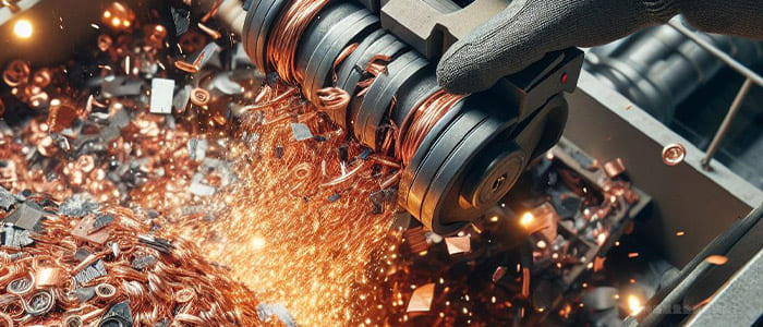 破砕機にて細かく加工されれる銅スクラップ